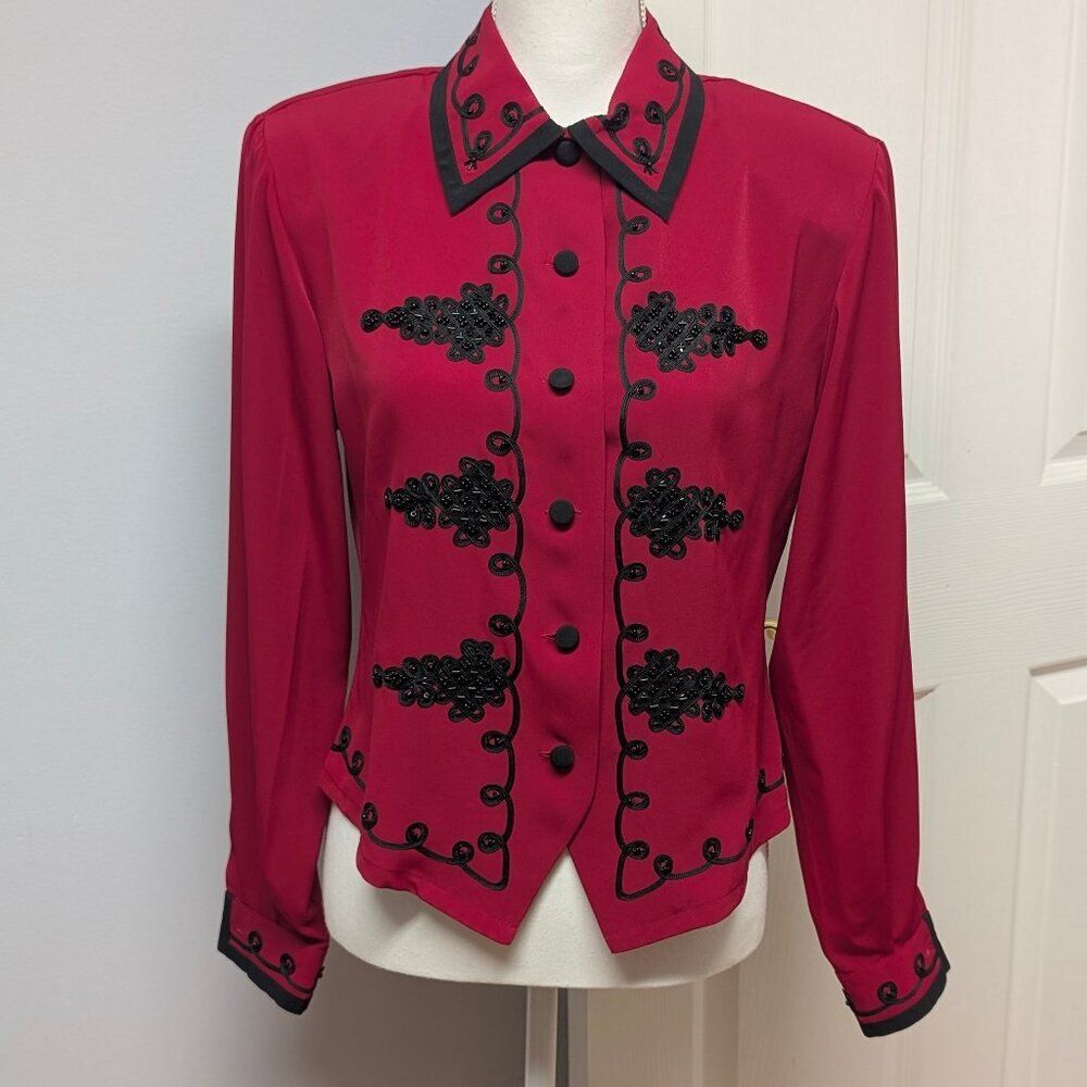 Tess Red & Black Embroidered Dress Blouse Size 6